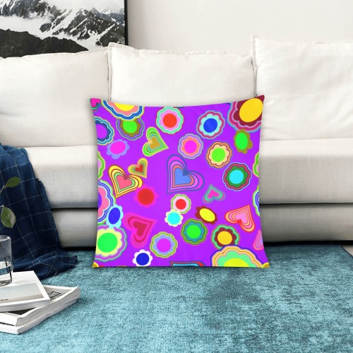 Groovy Hearts and Flowers Purple Custom Zippered Pillow Cases 20"x20" (Two Sides)
