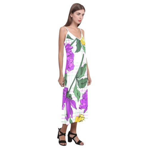 Multicolored-Peony Flowers & Leaves Print V-Neck Open Fork Long Dress(Model D18)