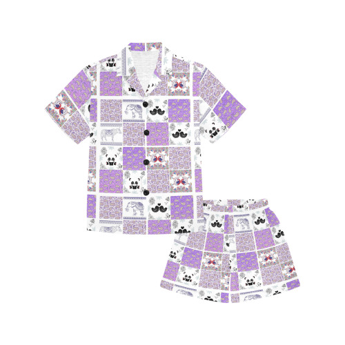 Purple Paisley Birds and Animals Patchwork Design Little Girls' V-Neck Short Pajama Set