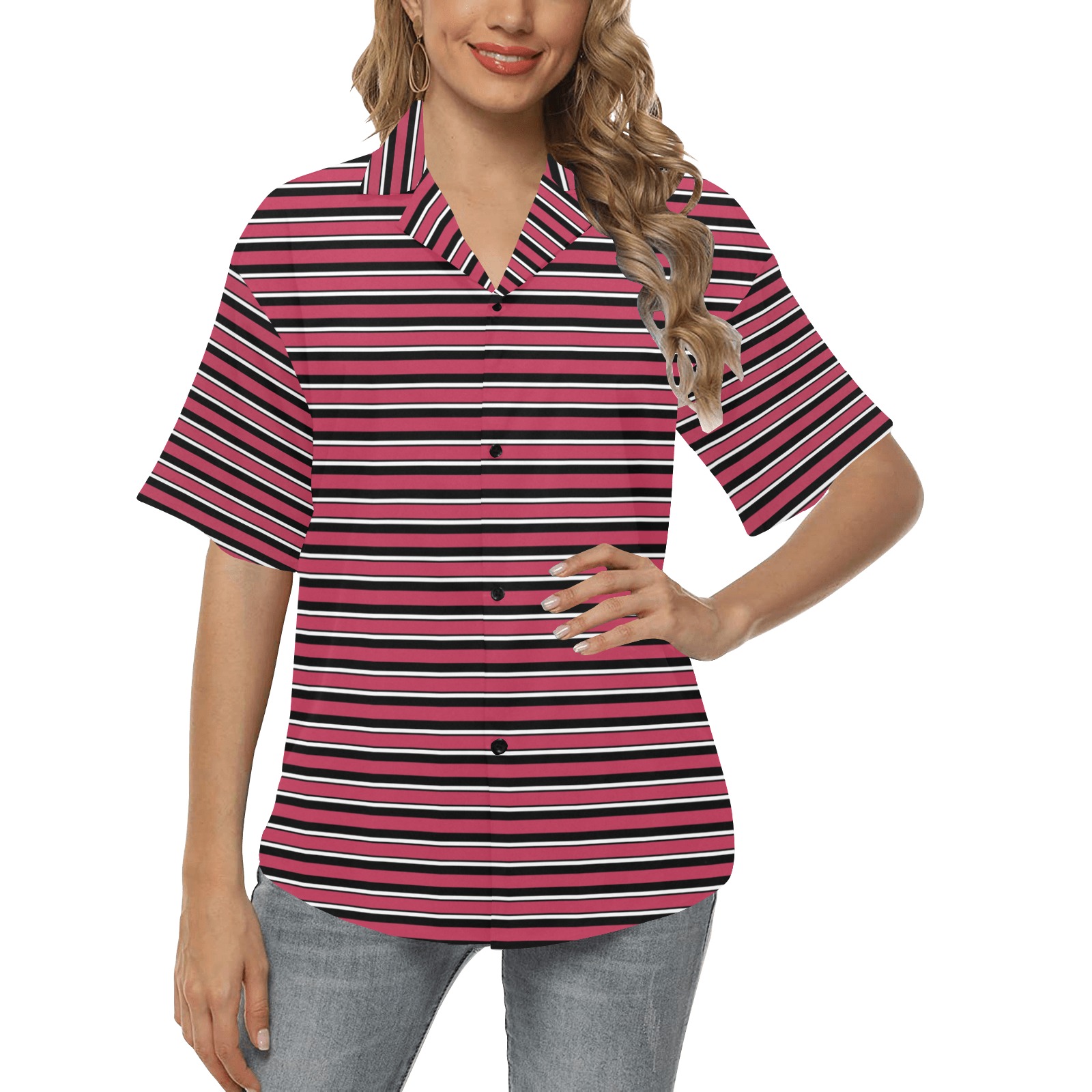 Magenta, Black and White Stripes All Over Print Hawaiian Shirt for Women (Model T58)