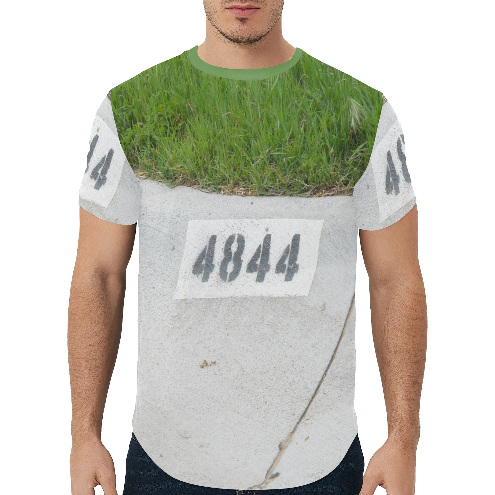 Street Number 4844 with green collar Men's All Over Print Curved Hem T-Shirt (Model T76)