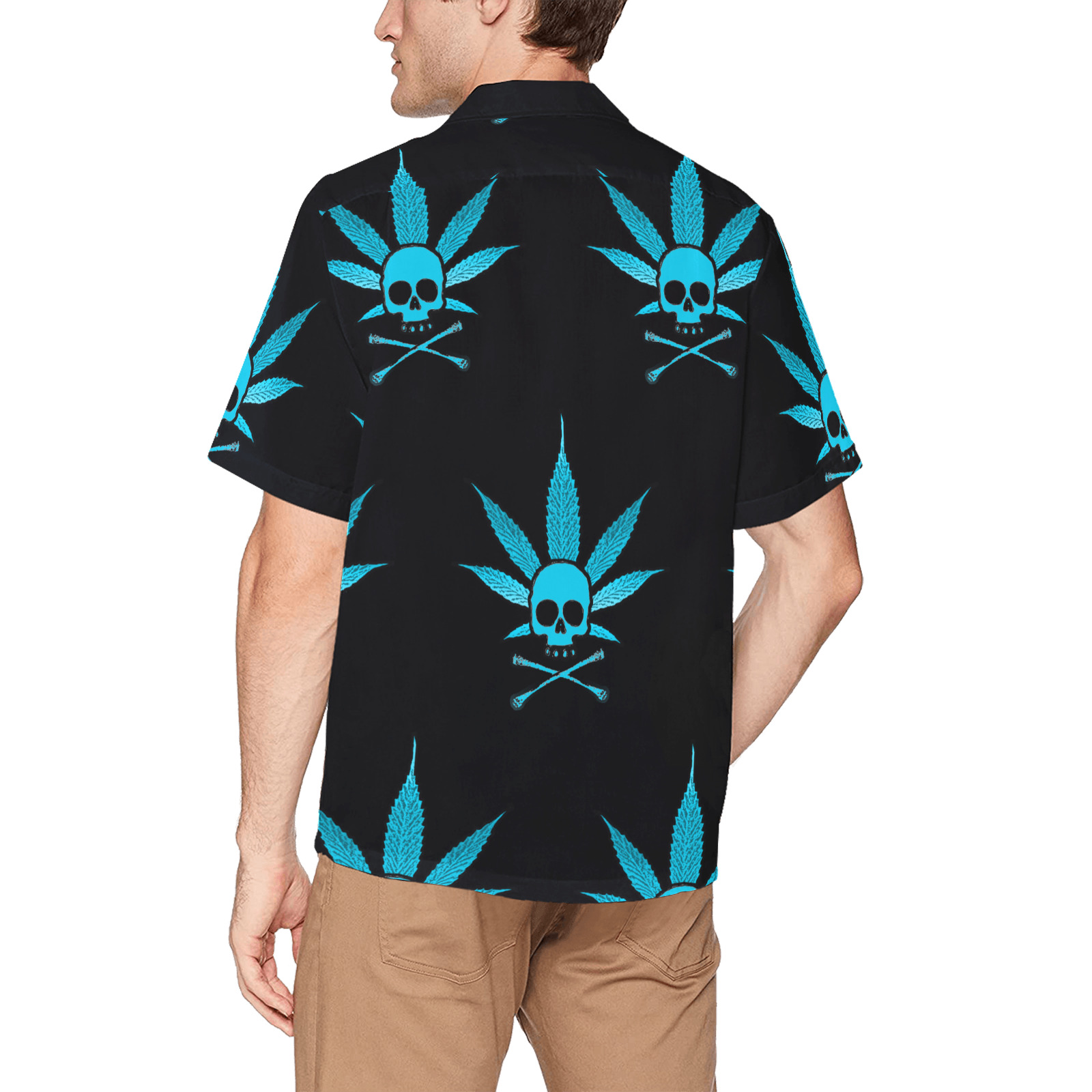 pot and crossbones blue on black Hawaiian Shirt with Chest Pocket&Merged Design (T58)