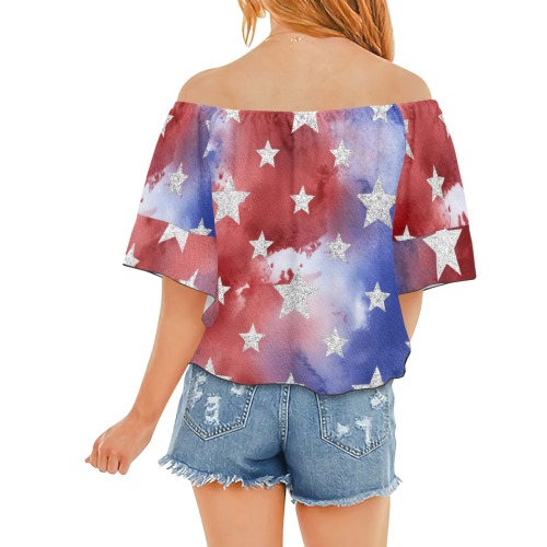 4th of july stars 1 Off Shoulder Knot Front Blouse (Model T71)