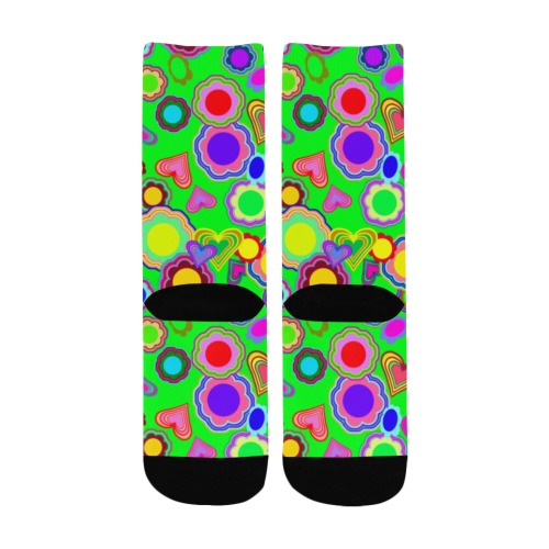 Groovy Hearts and Flowers Green Custom Socks for Kids