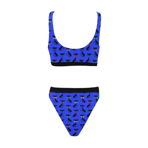 Black Cats Wearing Bow Ties - Blue Sport Top & High-Waisted Bikini Swimsuit (Model S07)
