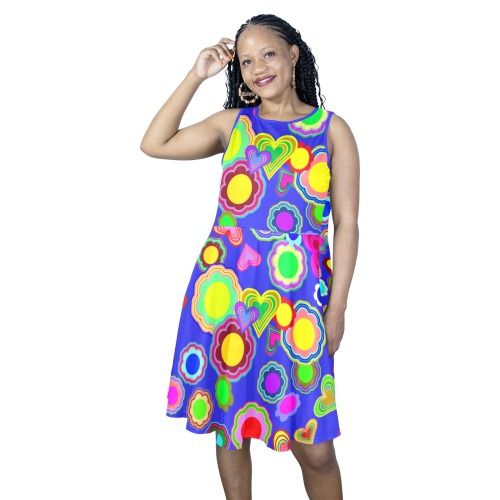 Groovy Hearts and Flowers Blue Sleeveless Expansion Dress (Model D60)