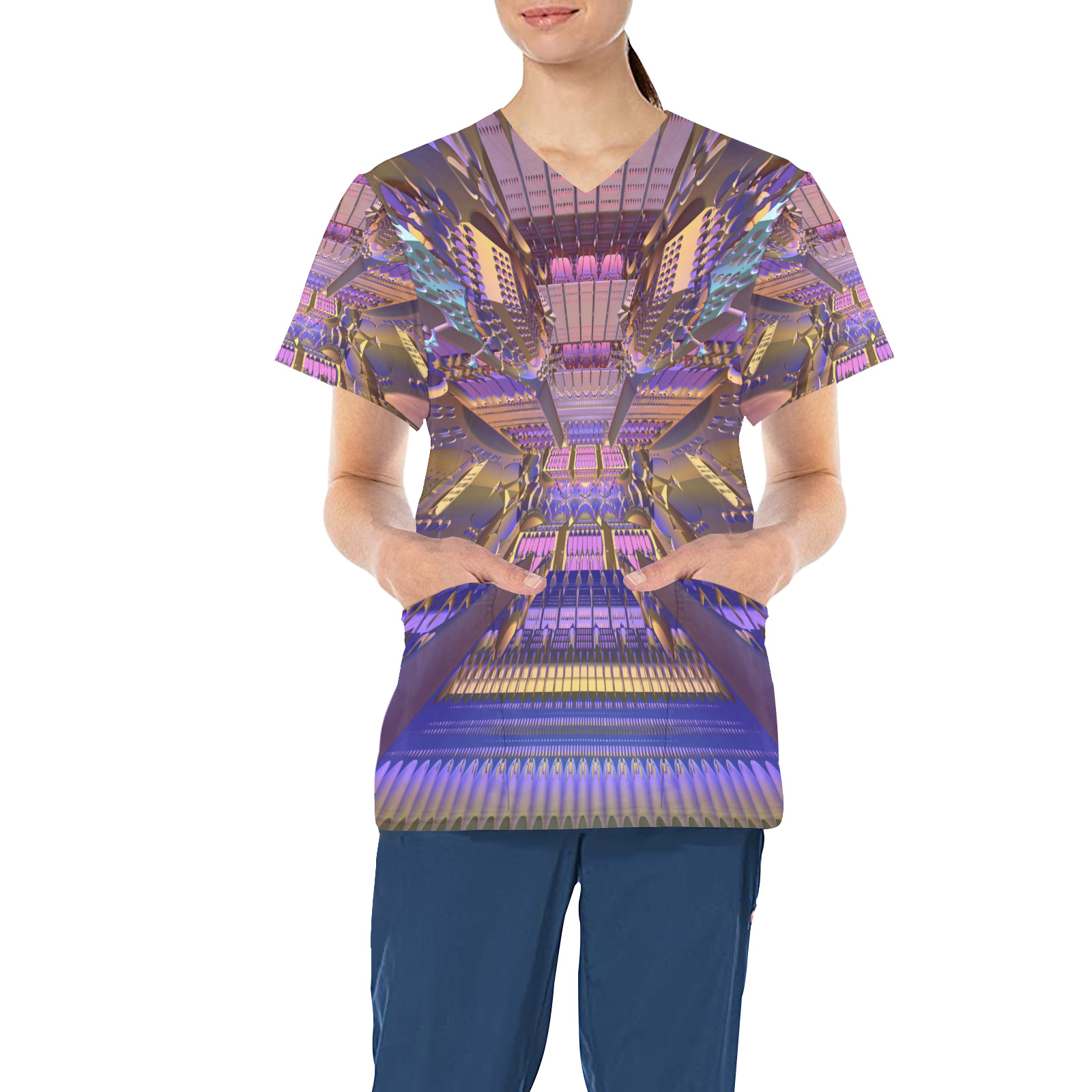 Pink and purple 3D Fractal All Over Print Scrub Top