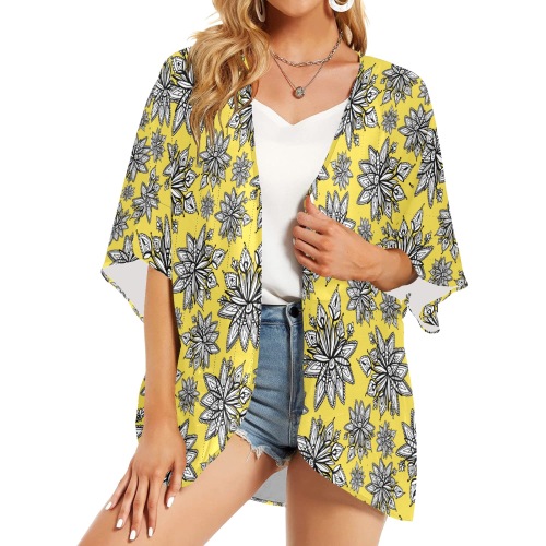Creekside Floret pattern yellow Women's Kimono Chiffon Cover Ups (Model H51)