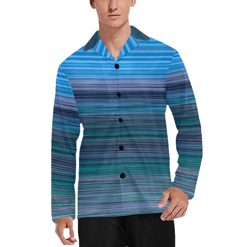 Abstract Blue Horizontal Stripes Men's V-Neck Long Pajama Top