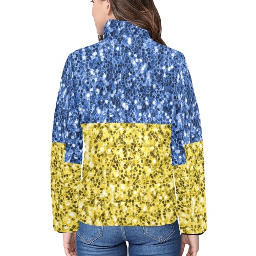 Blue yellow Ukraine flag glitter faux sparkles Women's Stand Collar Padded Jacket (Model H41)