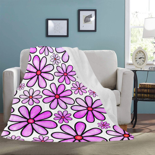 Pink Watercolor Doodle Daisy Flower Pattern Ultra-Soft Micro Fleece Blanket 60"x80"