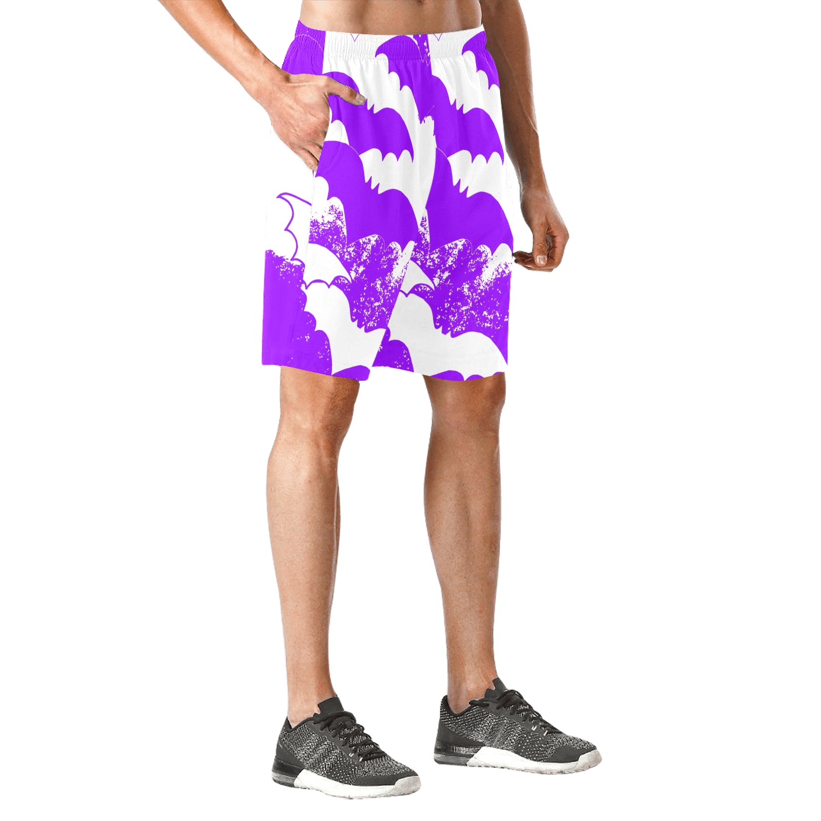 White Bats In Flight Purple Men's All Over Print Elastic Beach Shorts (Model L20)