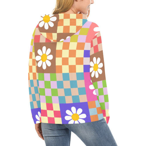 Mid Century Geometric Checkered Retro Floral Daisy Flower Pattern All Over Print Hoodie for Women (USA Size) (Model H13)