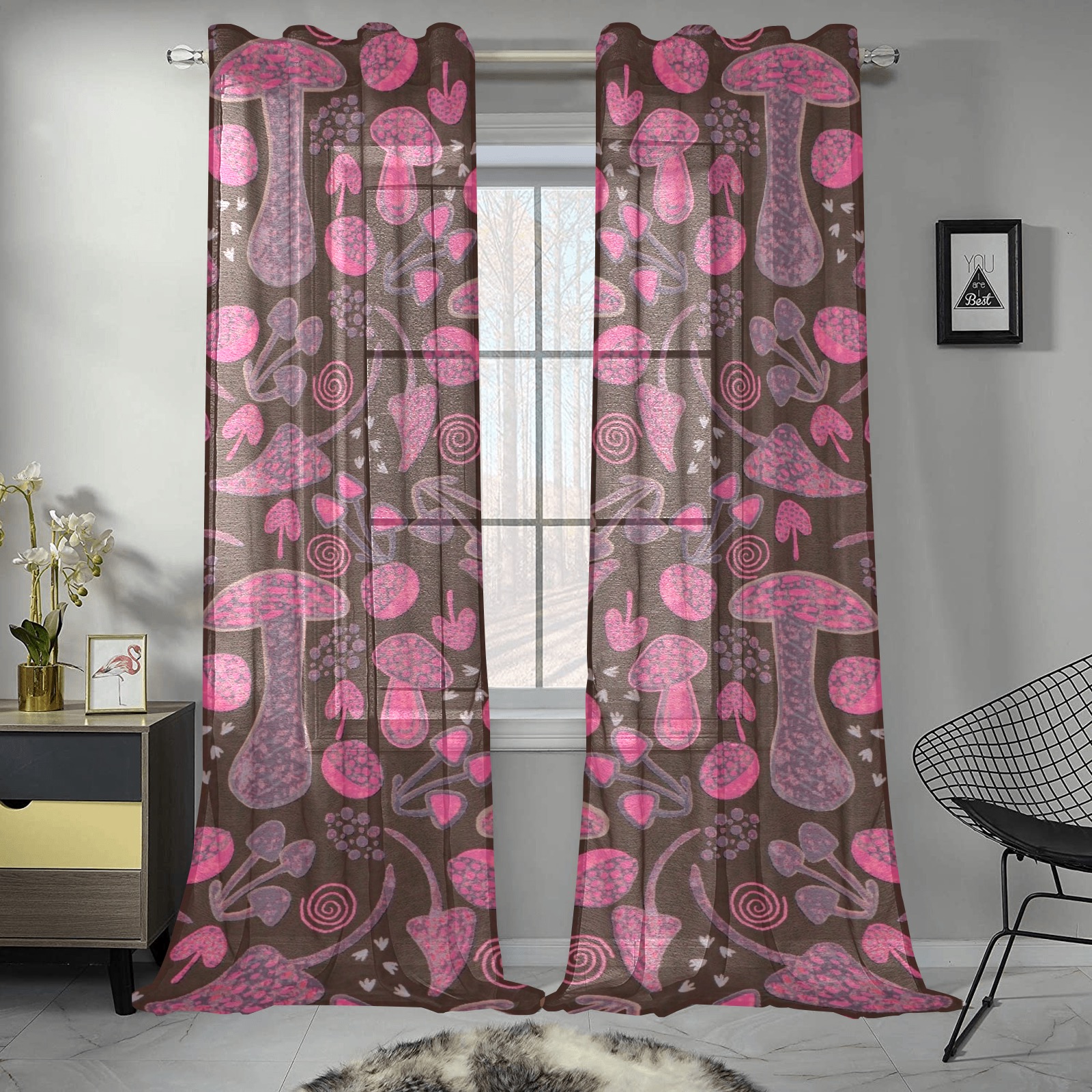 Unique fallpattern in pink Gauze Curtain 28"x95" (Two-Piece)