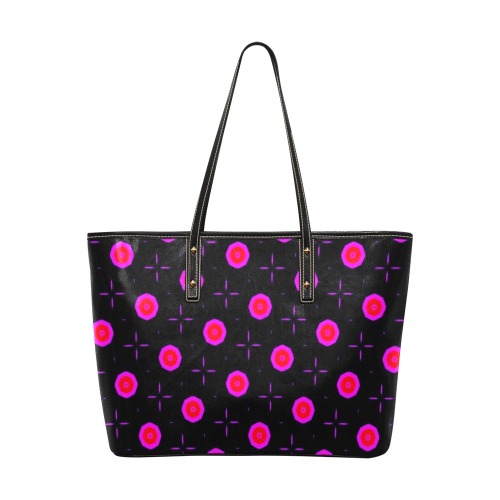 Pink Dots on Black Chic Leather Tote Bag (Model 1709)
