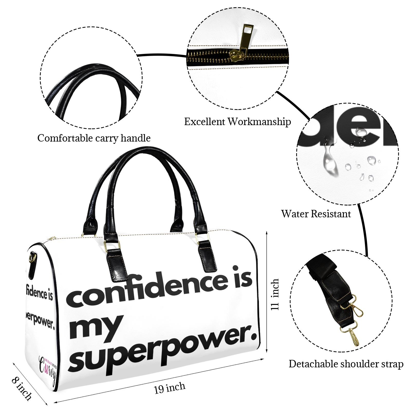 confidence is my superpower white Leather Travel Bag-Small (Short Patch) (1735)