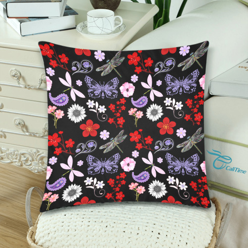 Black, Red, Pink, Purple, Dragonflies, Butterfly and Flowers Custom Zippered Pillow Cases 18"x 18" (Twin Sides) (Set of 2)