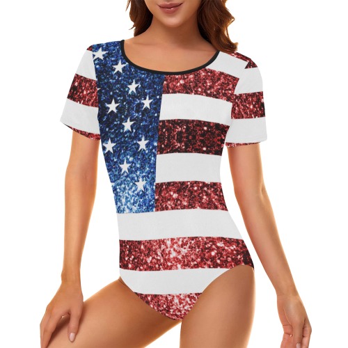 Sparkly USA flag America Red White Blue faux Sparkles patriotic bling 4th of July Women's Short Sleeve Bodysuit