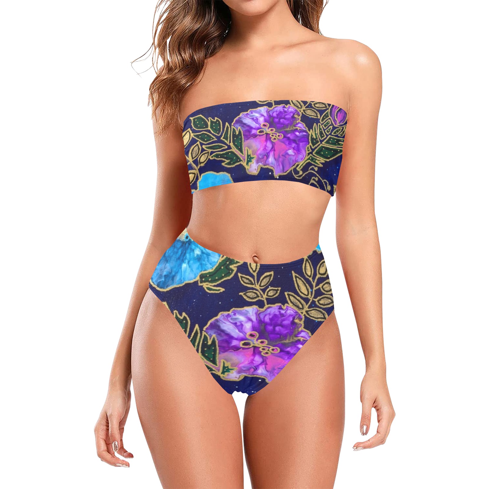 Dark Blue Floral Chest Wrap Bikini Swimsuit (Model S36)