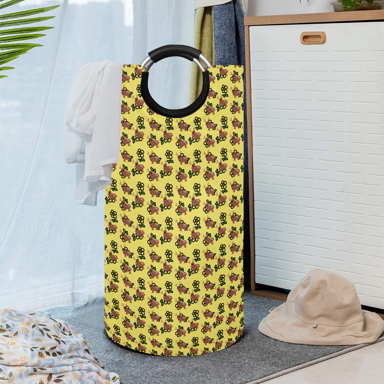 cute deer pattern yellow Round Laundry Bag