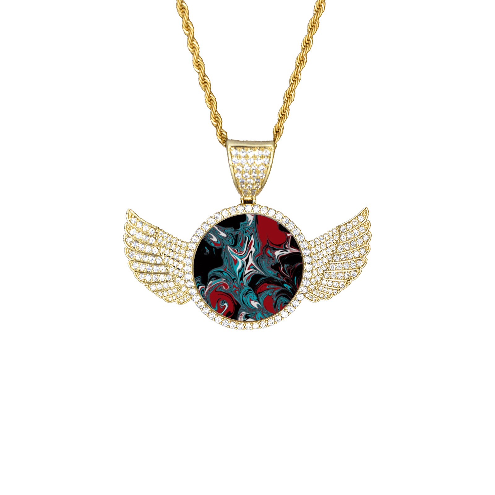 Dark Wave of Colors Wings Gold Photo Pendant with Rope Chain