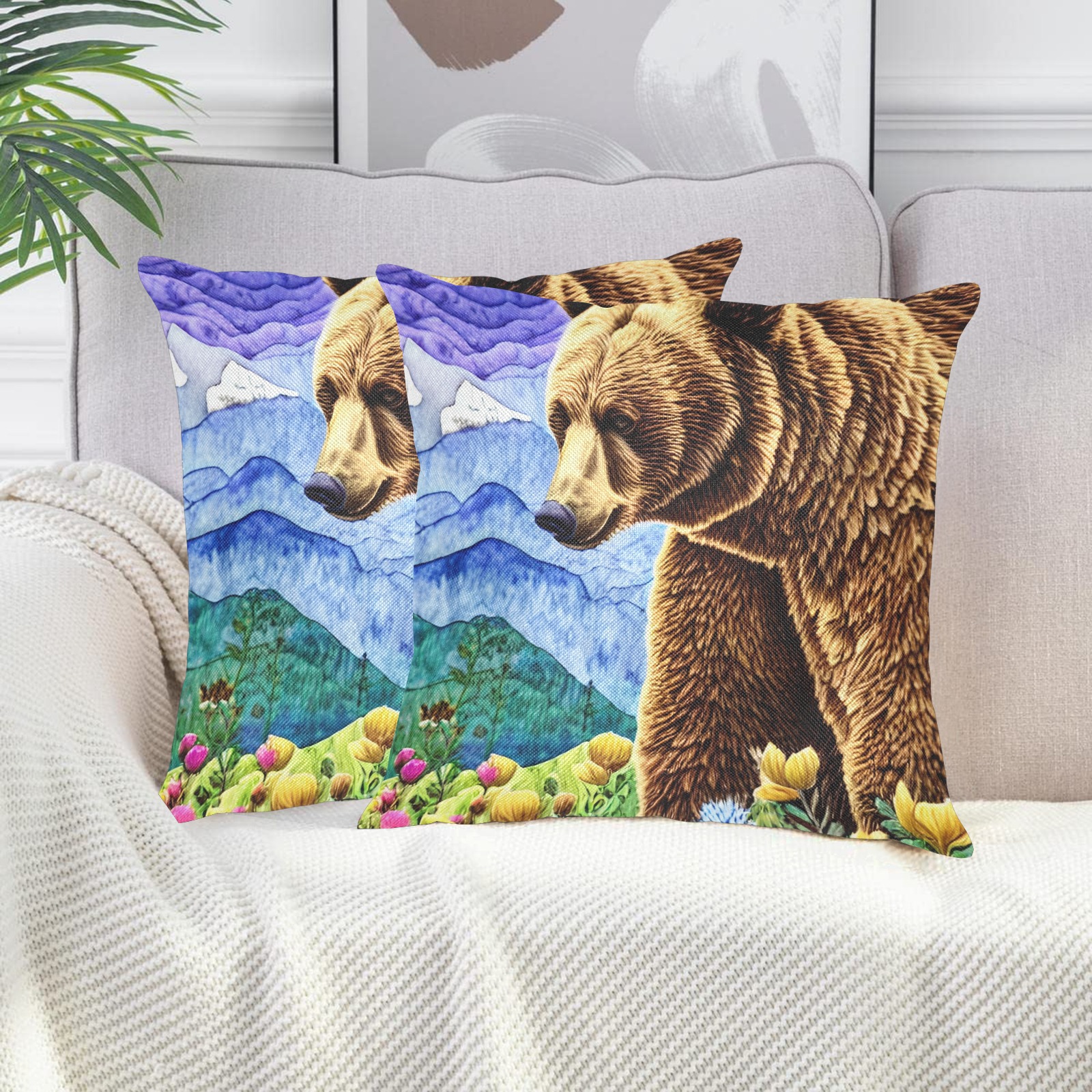 Boho Bear Simulated Quilt Artwork Linen Zippered Pillowcase 18"x18"(Two Sides&Pack of 2)
