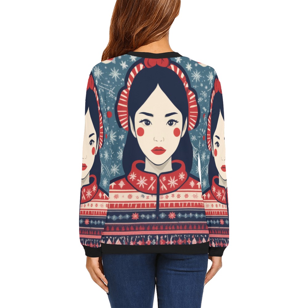 Adorable Japanese woman, ugly sweater, snowflakes. All Over Print Crewneck Sweatshirt for Women (Model H18)