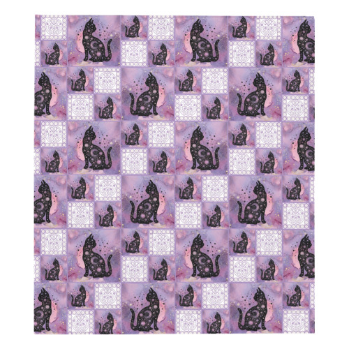 Purple Cosmic Cats Patchwork Pattern Quilt 70"x80"