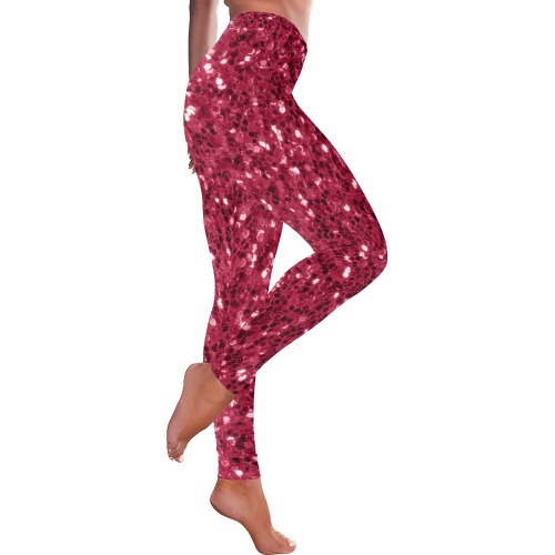 Magenta dark pink red faux sparkles glitter Women's Low Rise Leggings (Invisible Stitch) (Model L05)