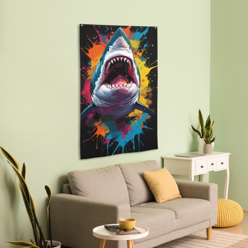 Attacking shark. Stunning colorful fantasy art House Flag 34.5"x56"