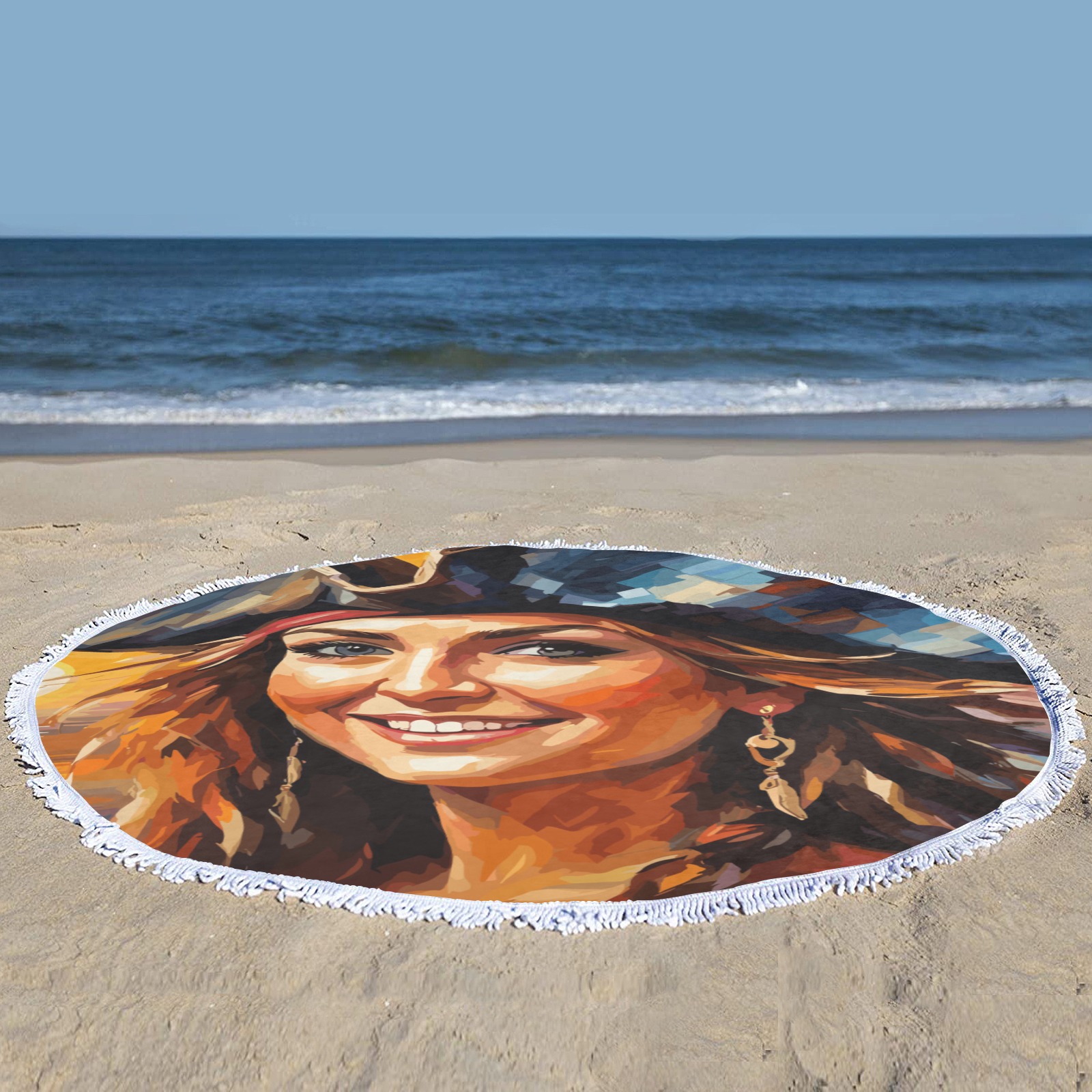 Lovely smiling pirate woman by the sea at sunset. Circular Beach Shawl Towel 59"x 59"