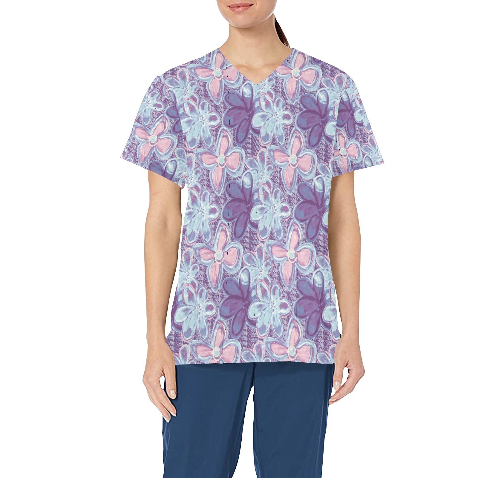 Fashionable  blue floral All Over Print Scrub Top