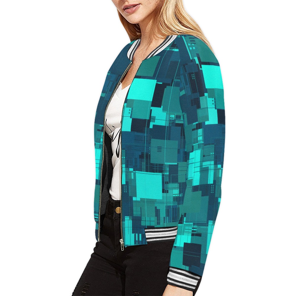 Random Shapes Pattern (Teal) All Over Print Bomber Jacket for Women (Model H21)