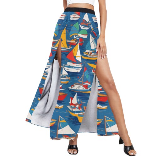 Chic colorful abstract art of sailboats at sea. High Slit Long Beach Dress (Model S40)
