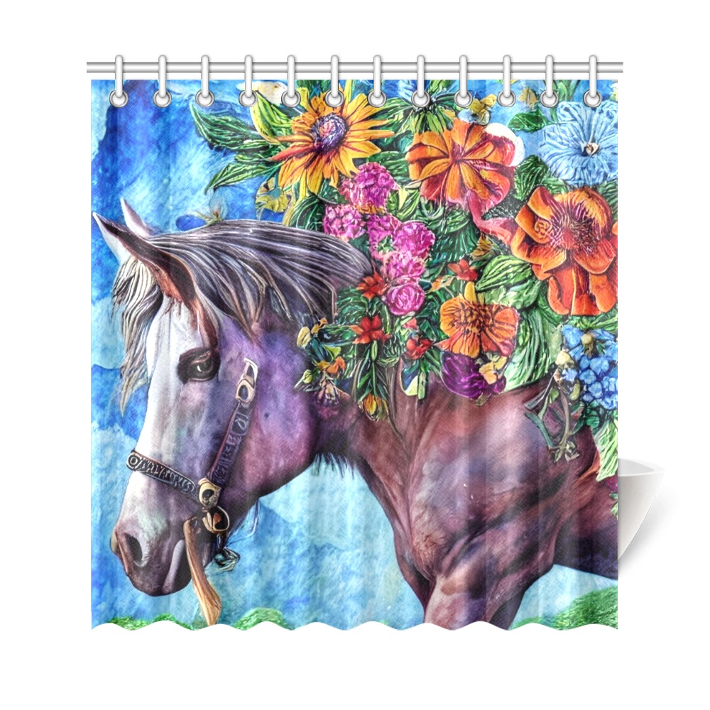 Boho Simulated Quilt Horse Artwork Shower Curtain 69"x72"