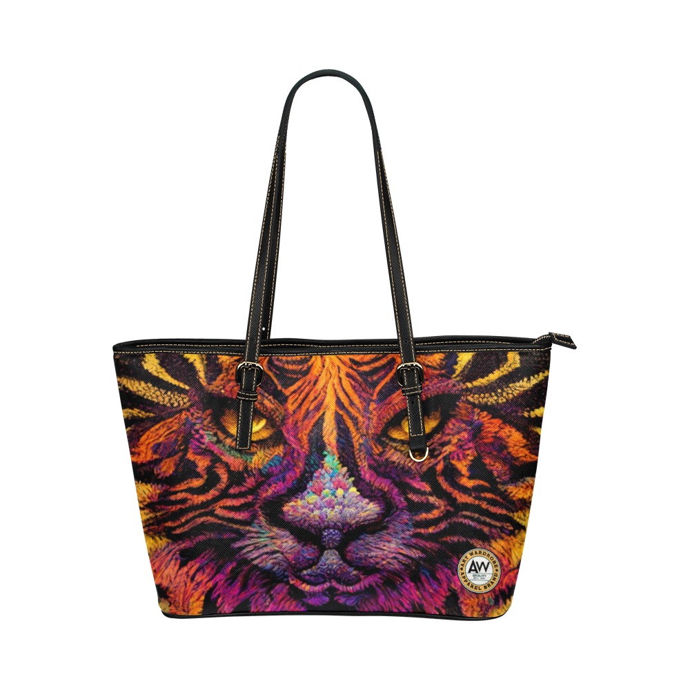 psychedelic tiger print 04 Leather Tote Bag/Large (Model 1651)