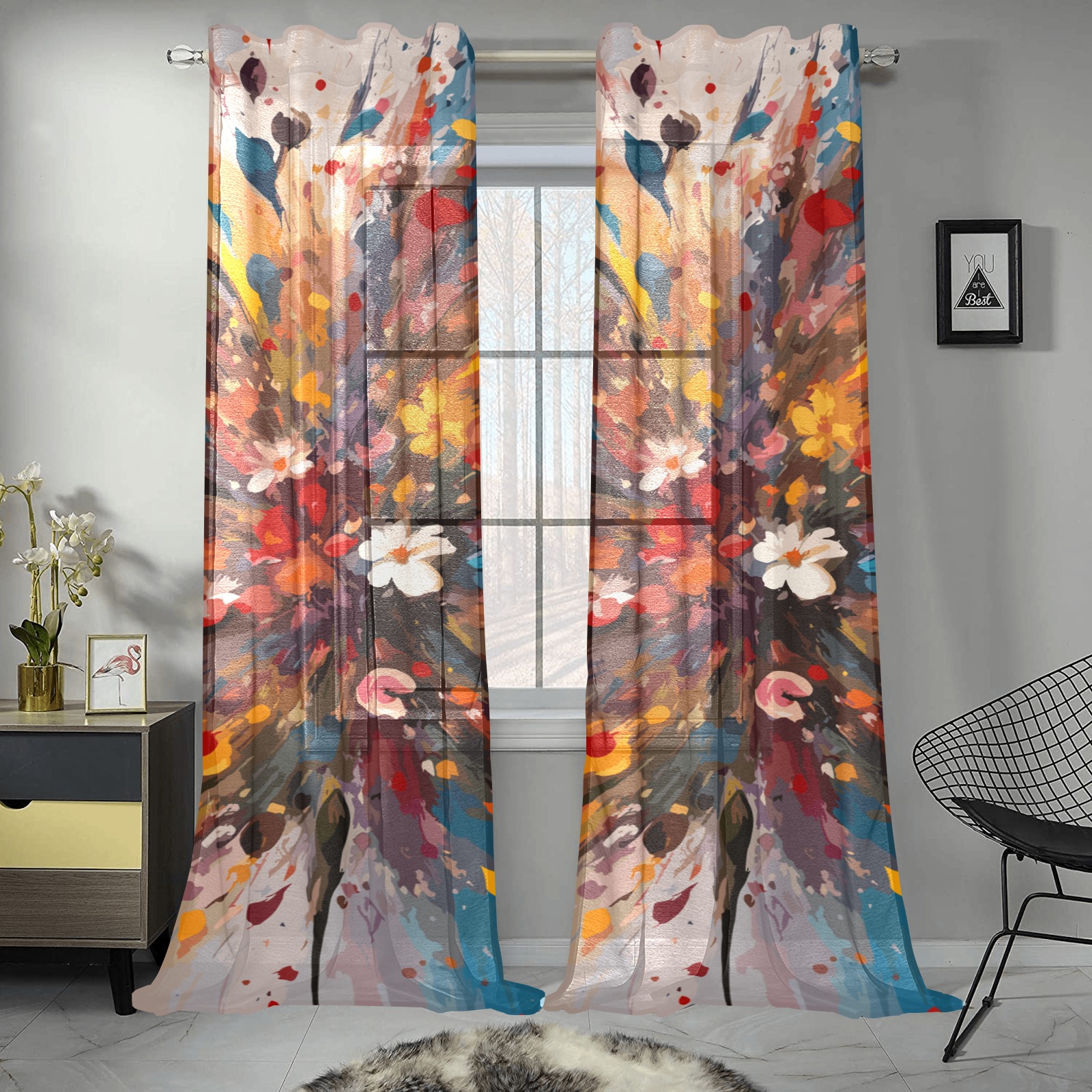 Chic colorful floral art. Flowers and oil paint Gauze Curtain 28"x95" (Two-Piece)