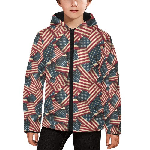 Patriotic USA American Flag Art Kids' Padded Hooded Jacket (Model H45)