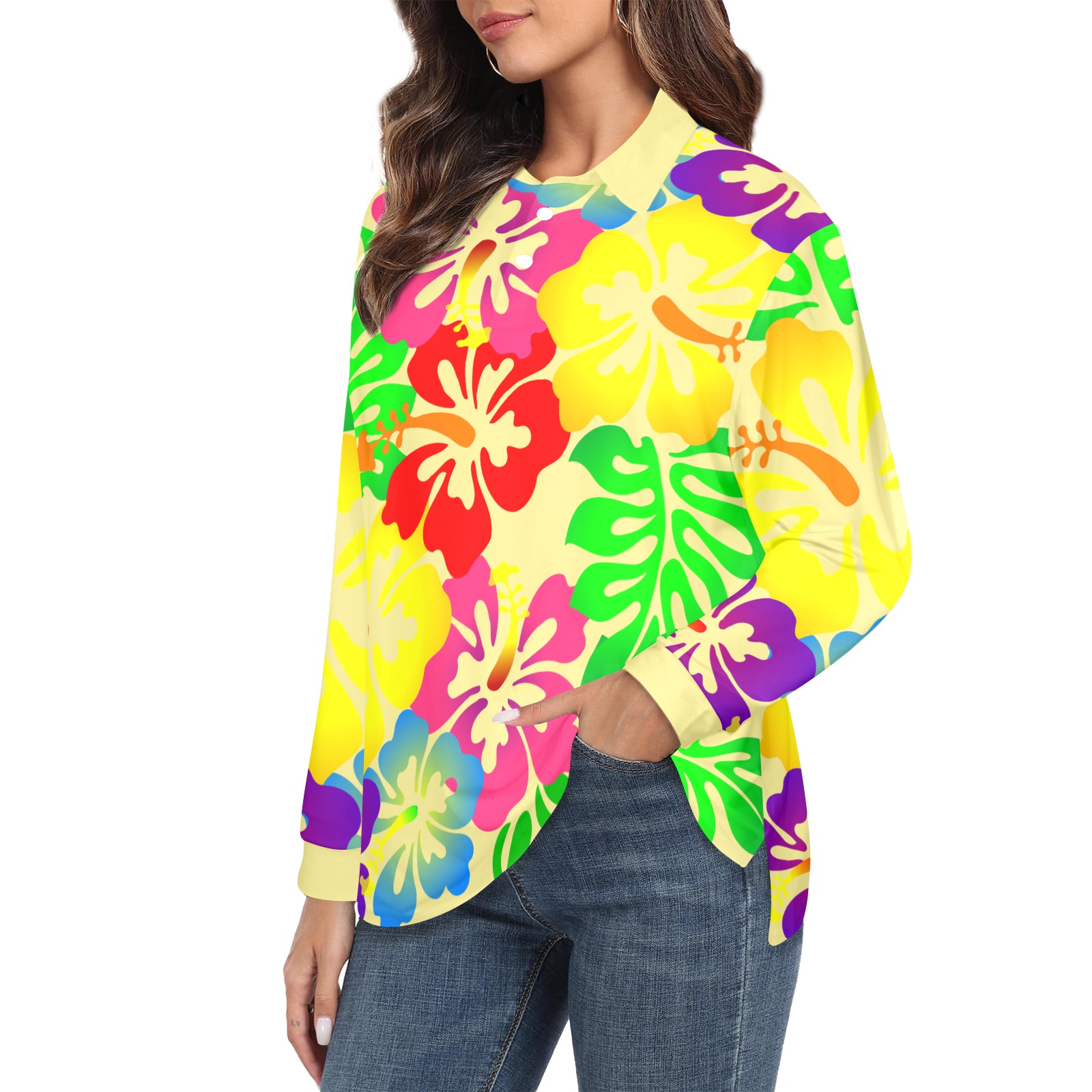 Hibiscus Hawaiian Flowers / Yellow Women's Long Sleeve Polo Shirt (Model T73)