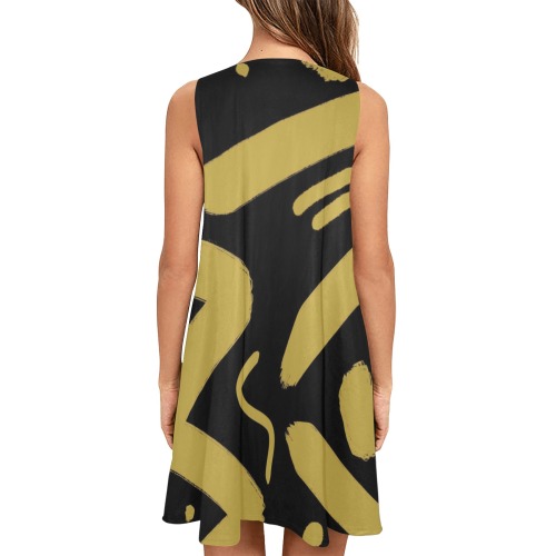 Black and Gold Tribal Sleeveless A-Line Pocket Dress (Model D57)