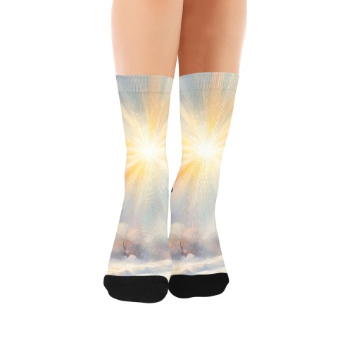 Magical sun is shining over the winter road art Custom Socks for Women