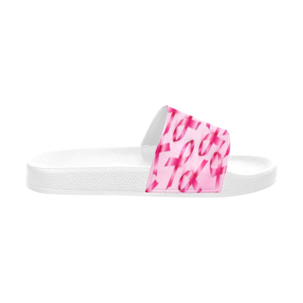 breast cancer ribbons white Women's Slide Sandals (Model 057)