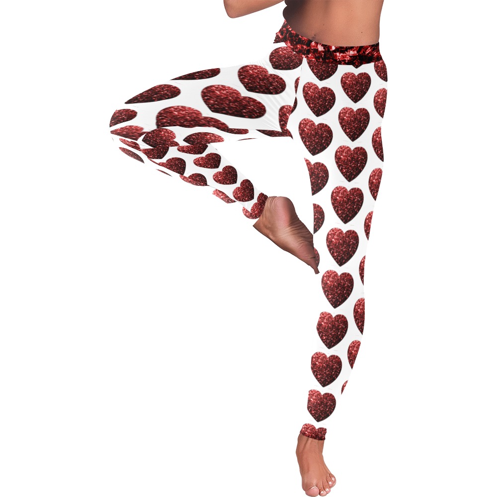 Red sparkles heart faux glitter Valentines Day love pattern on white Women's Low Rise Leggings (Invisible Stitch) (Model L05)