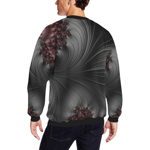 Black and Maroon Fern Fronds Fractal Abstract All Over Print Crewneck Sweatshirt for Men (Model H18)