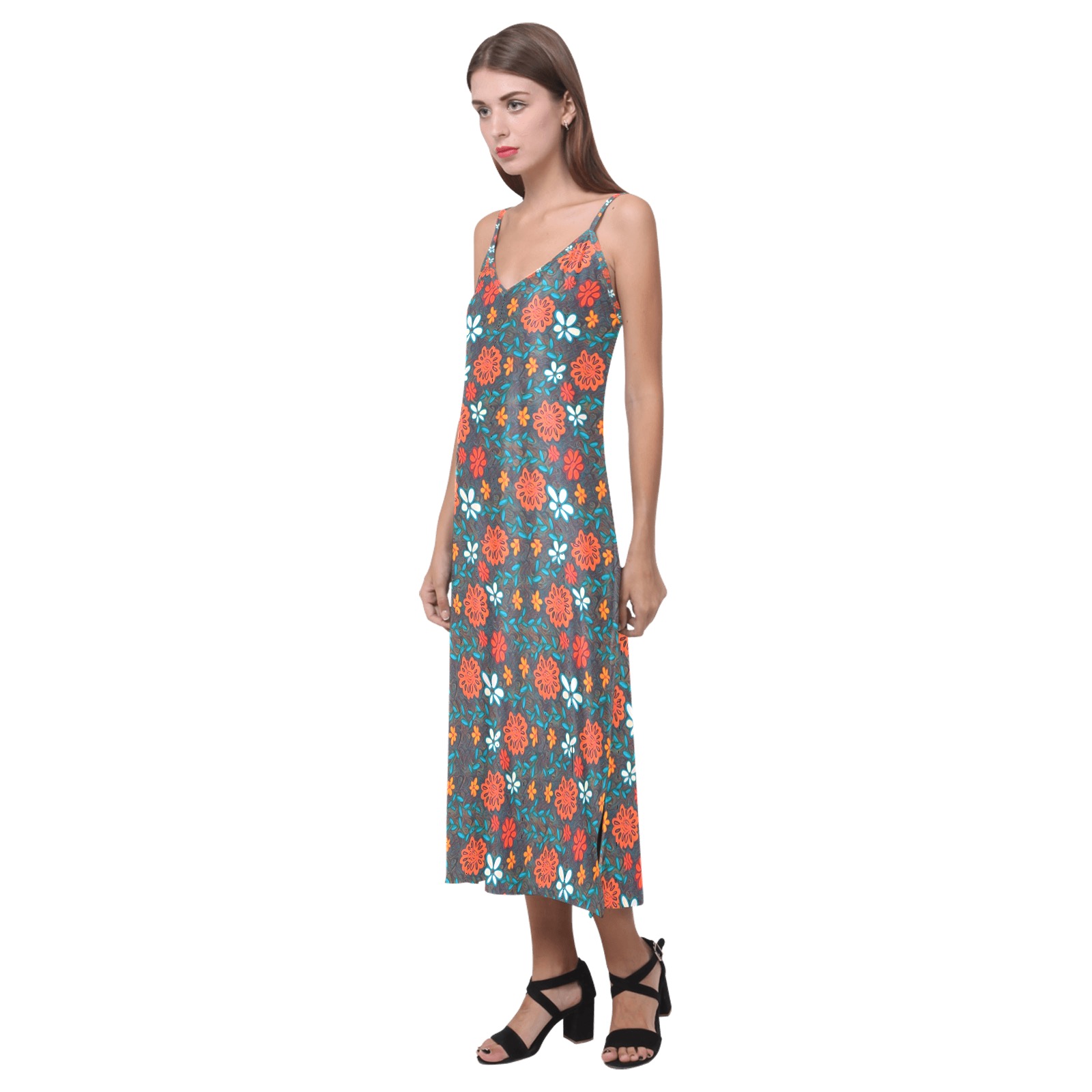 Pretty floral pattern V-Neck Open Fork Long Dress(Model D18)