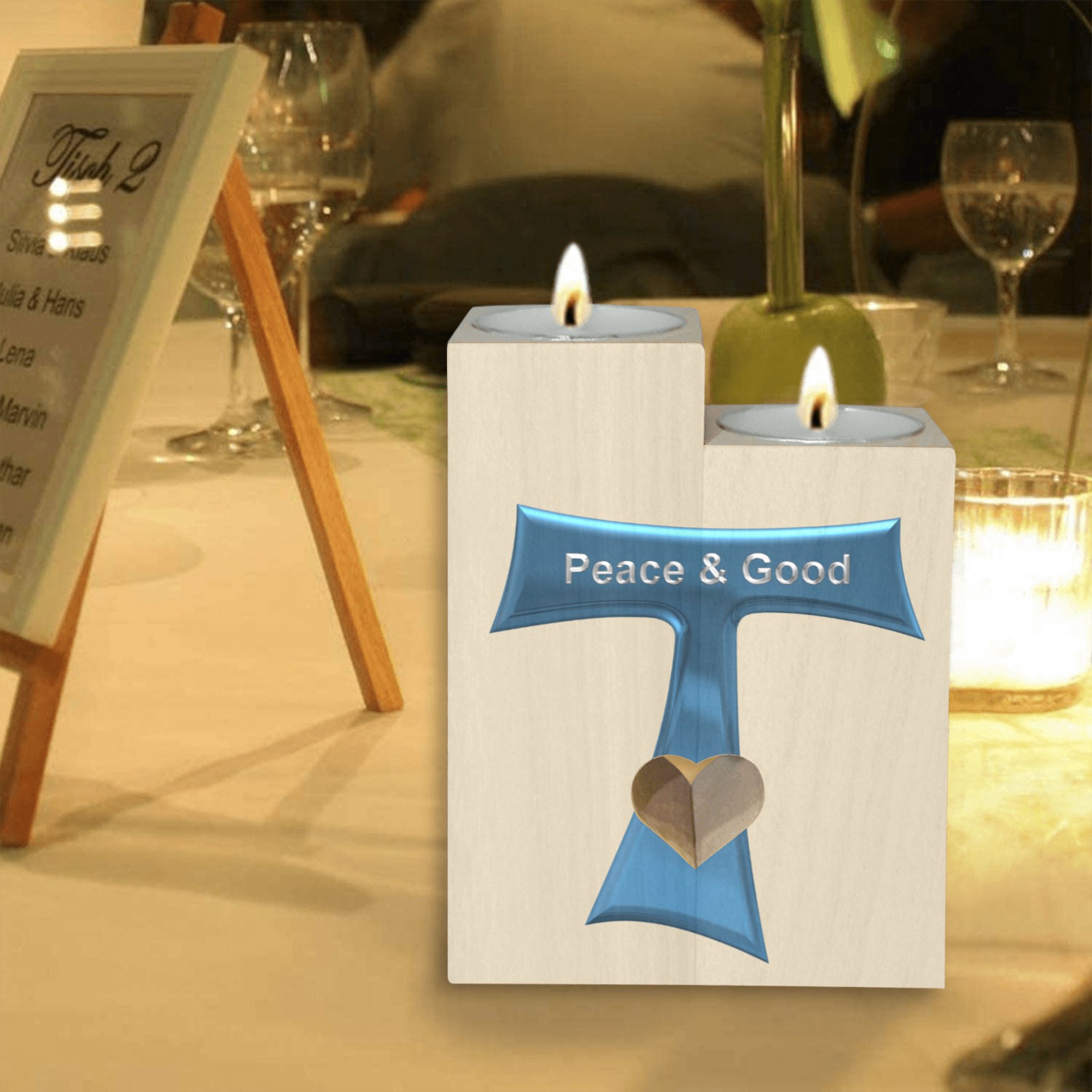 Franciscan Tau Cross Peace and Good  Blue Metallic Wooden Candle Holder (Without Candle)
