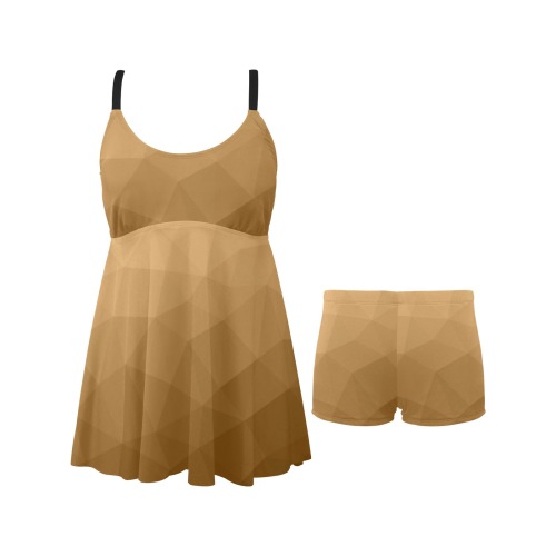 Brown gradient geometric mesh pattern Chest Pleat Swim Dress (Model S31)
