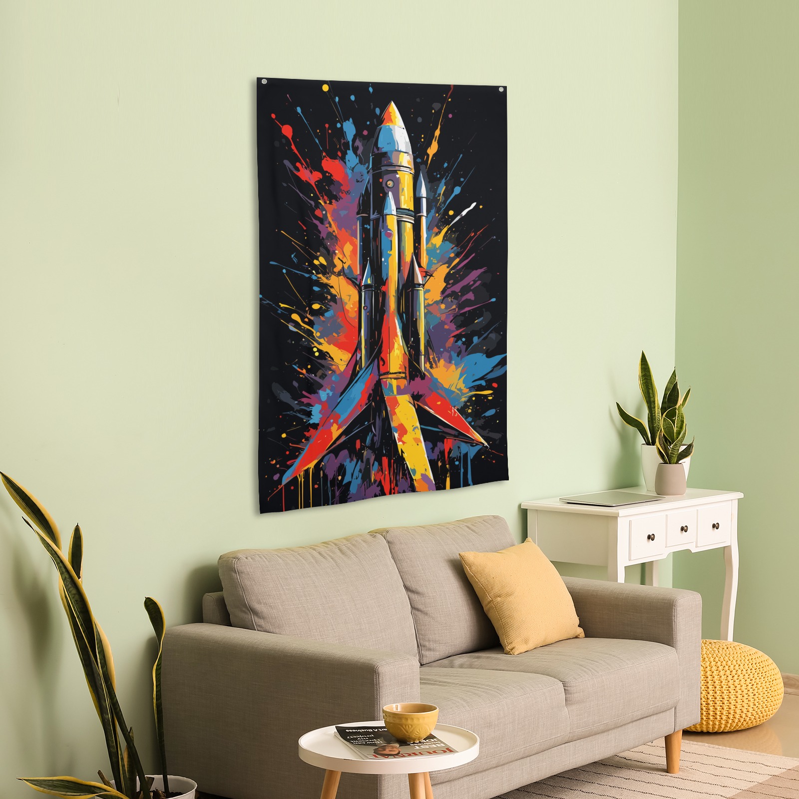 Fantasy space rocket. Colorful fantasy art on dark House Flag 34.5"x56"