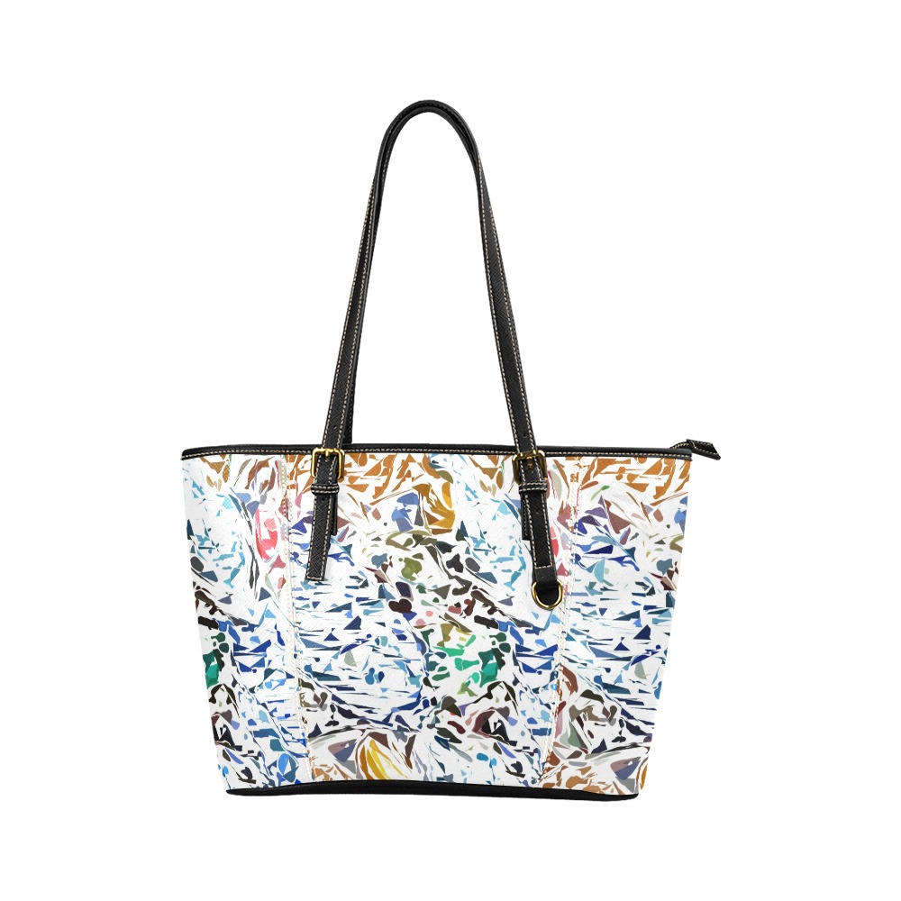 Blue White Brown Abstract Leather Tote Bag/Small (Model 1640)