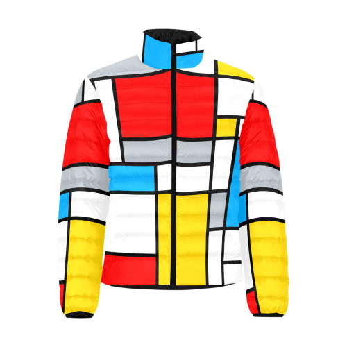 Mondrian Style Color Composition Geometric Retro Art Men's Stand Collar Padded Jacket (Model H41)